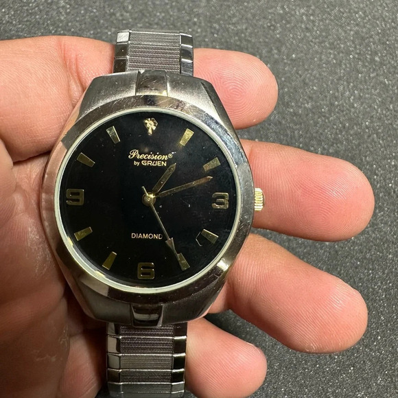 precision by gruen Mens Watch Diamond Quartz GP402MN Black Dial Silver Working - Picture 1 of 7